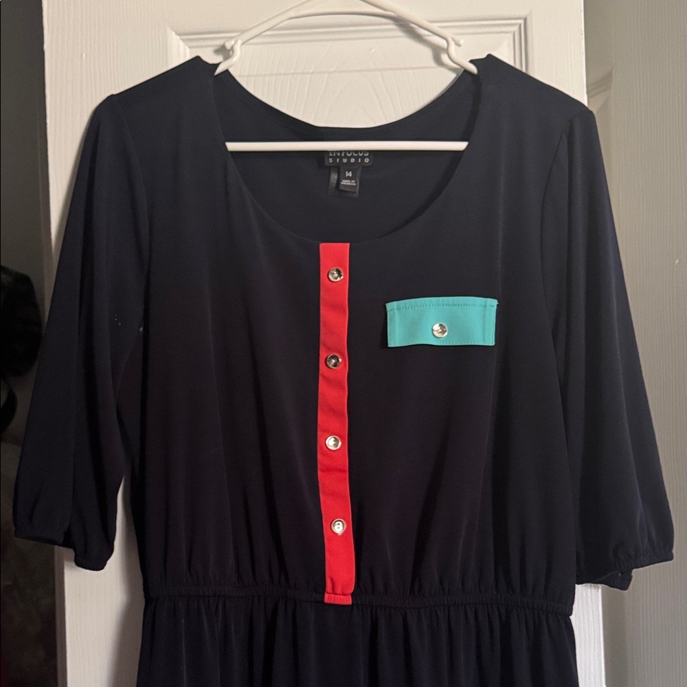Navy Dress with Red Button Placket and Teal Pocket Accent